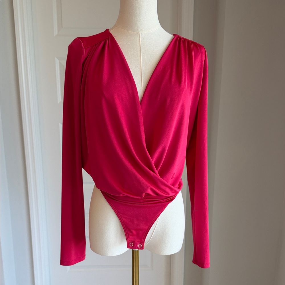 Express Fuchsia Wrap-Front Long Sleeve Bodysuit XS